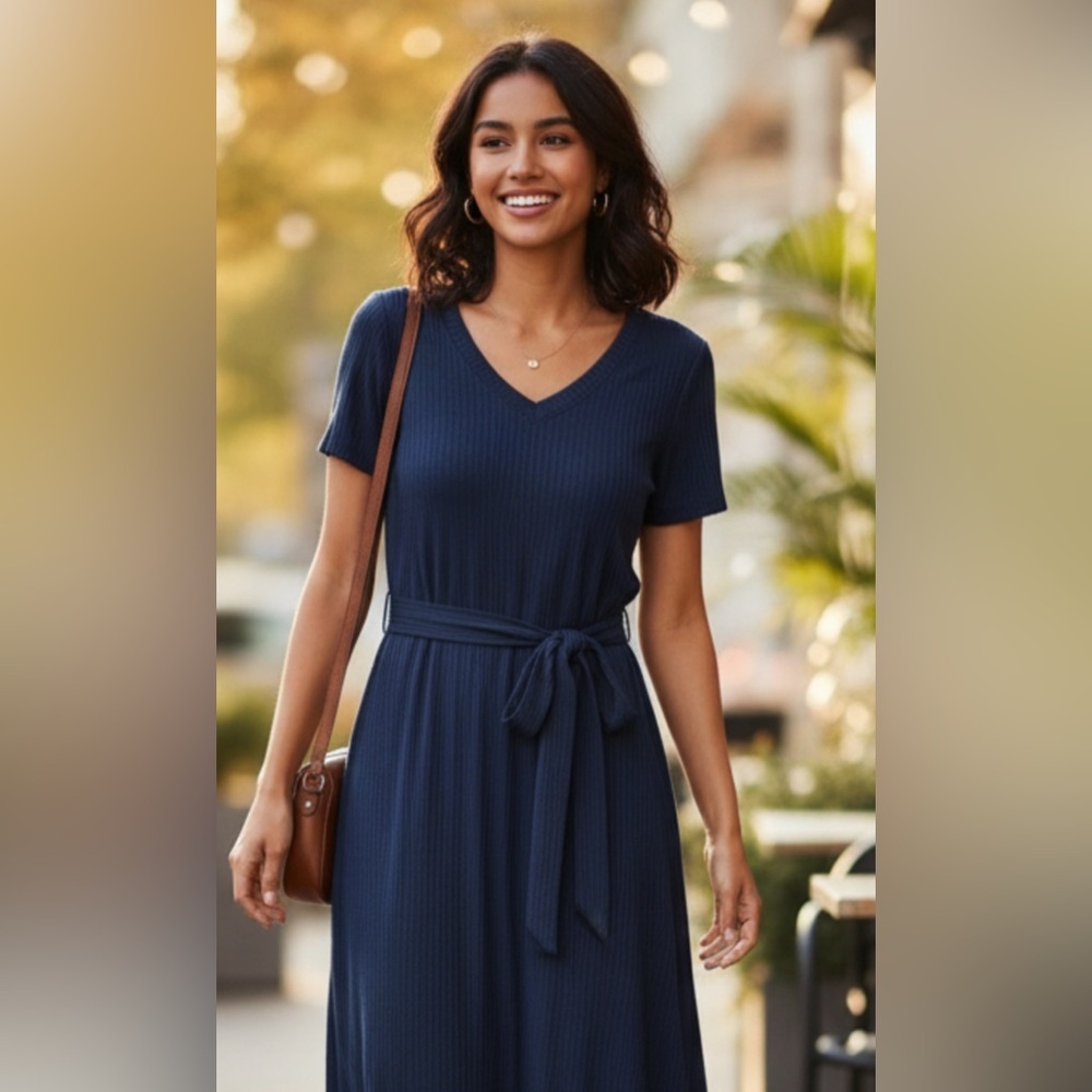 Just Bee Textured Blue Knit Midi Dress